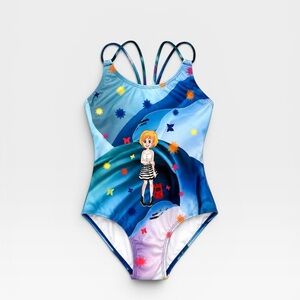 Girls Blue Star-Print One-Piece Swimsuit with Cartoon Motif